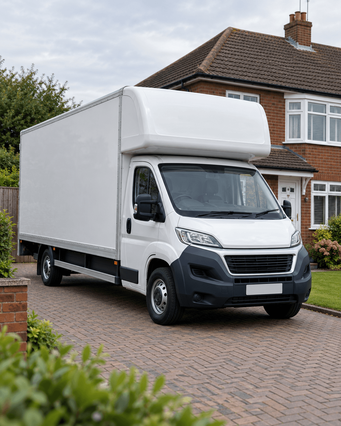 White Luton van parked outside a British brick house